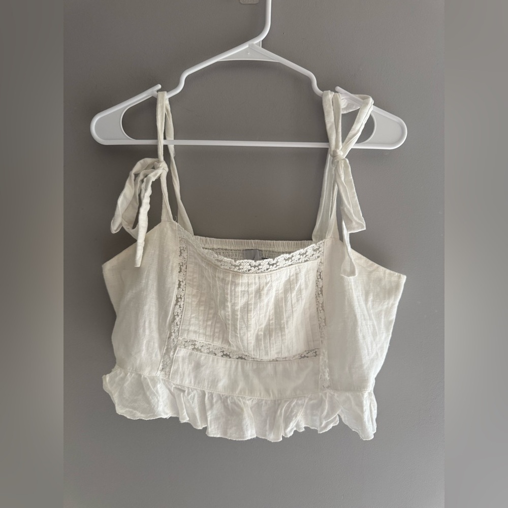 Polly Women’s White Lace Crochet Smocked Adjustable Cropped Tank Top SZ 12 Boho